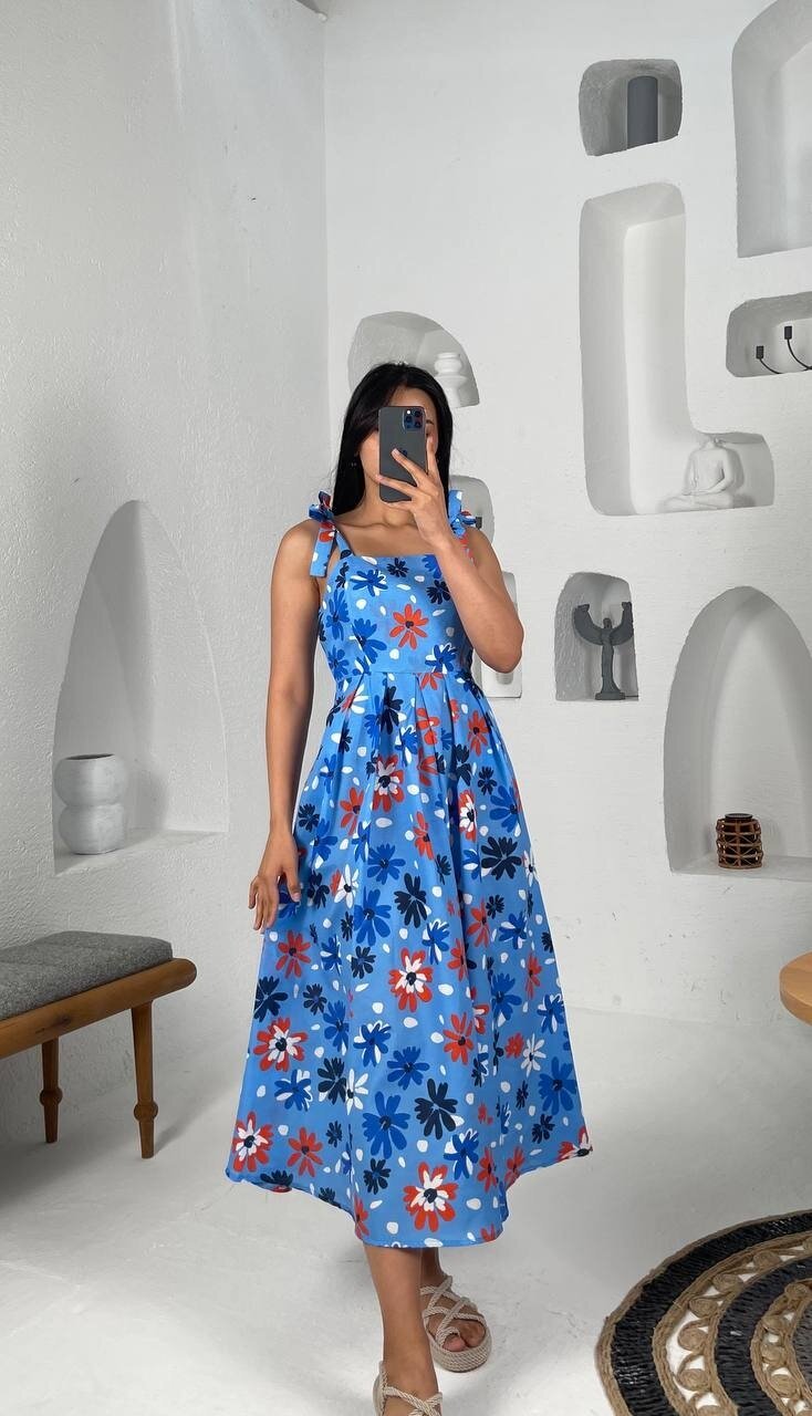 3557-MAVİ ÇİÇEK DESEN POPLİN ELBİSE