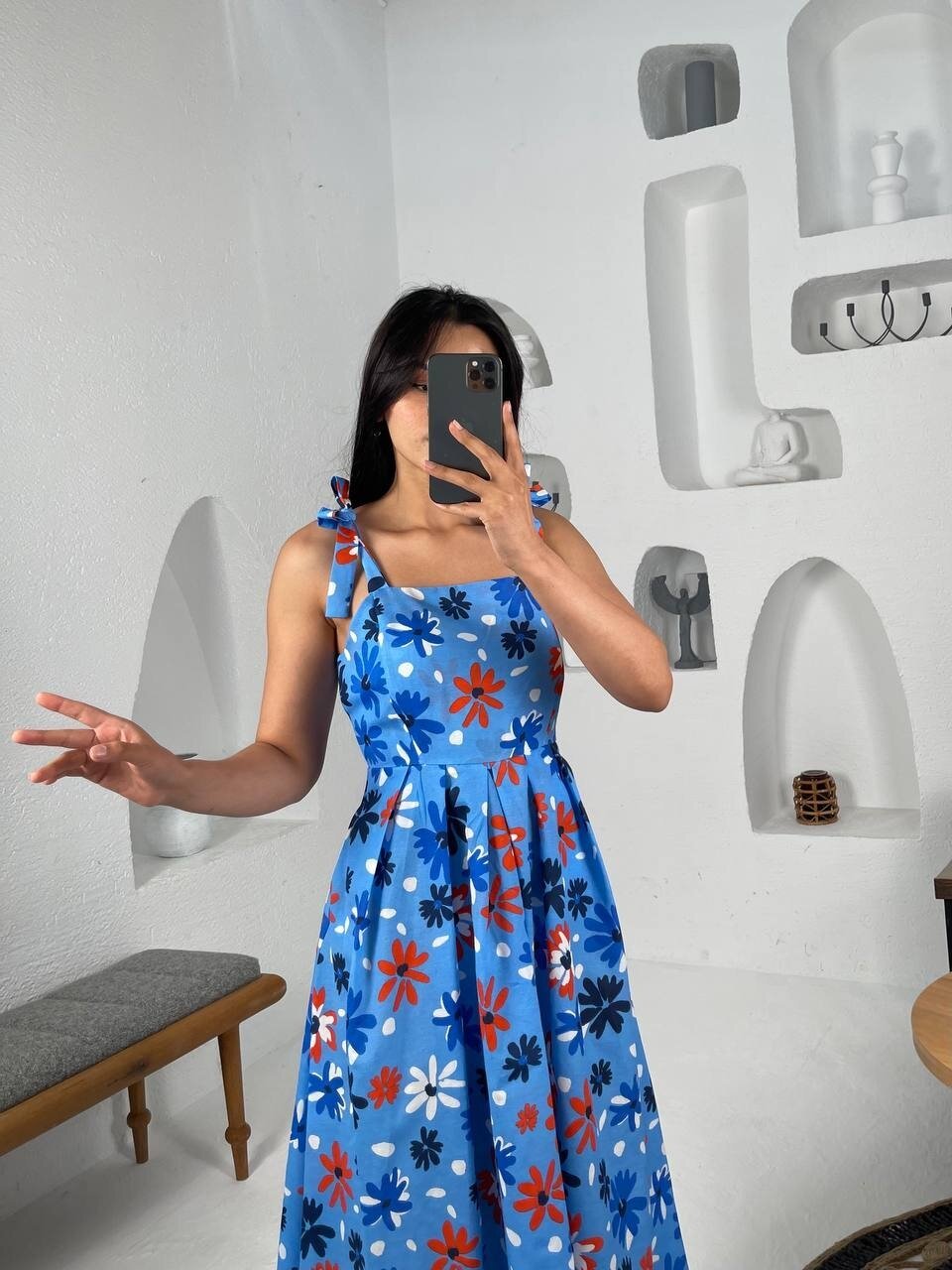 3557-MAVİ ÇİÇEK DESEN POPLİN ELBİSE