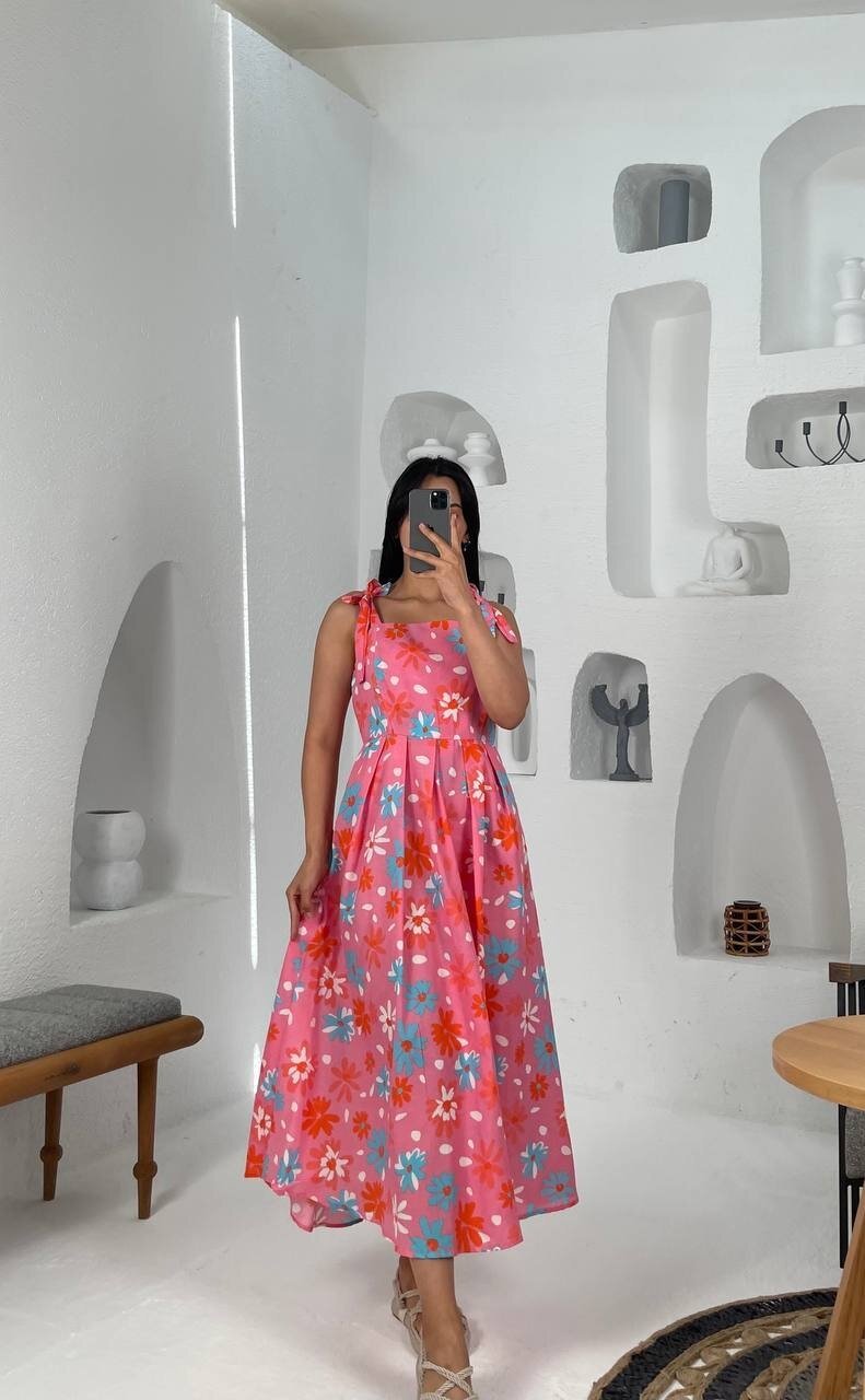 3557-PEMBE ÇİÇEK DESEN POPLİN ELBİSE