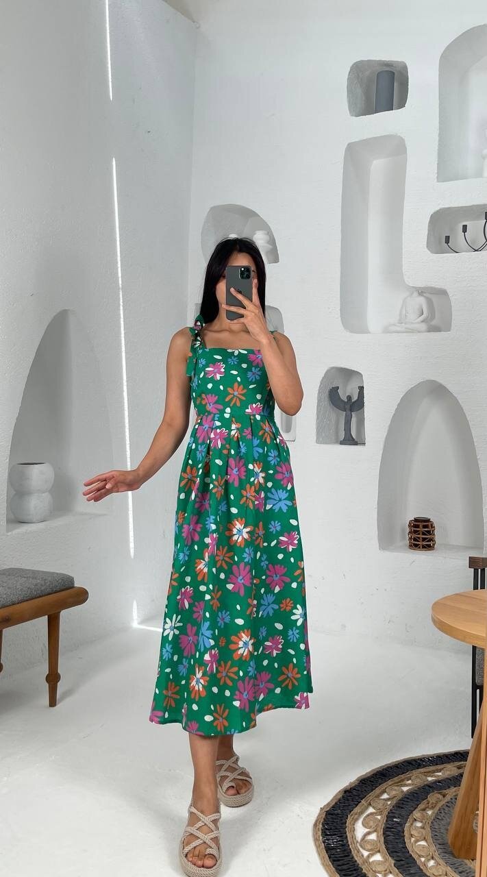 3557-YEŞİL ÇİÇEK DESEN POPLİN ELBİSE