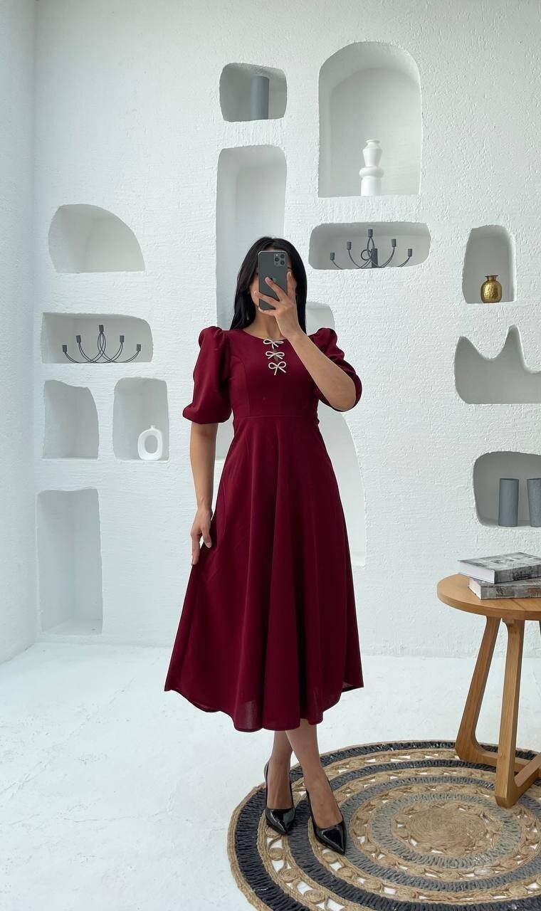 3578-BORDO TAŞ FİYONKLU ELBİSE