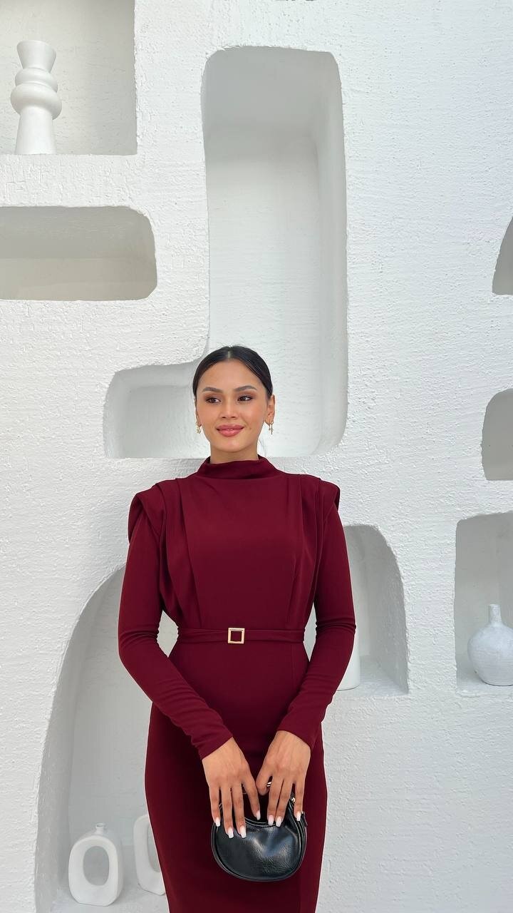 3587- BORDO  BALIKÇI YAKA OMUZLARI PİLELİ KENDİNDEN TOKA KEMERLİ ELBİSE