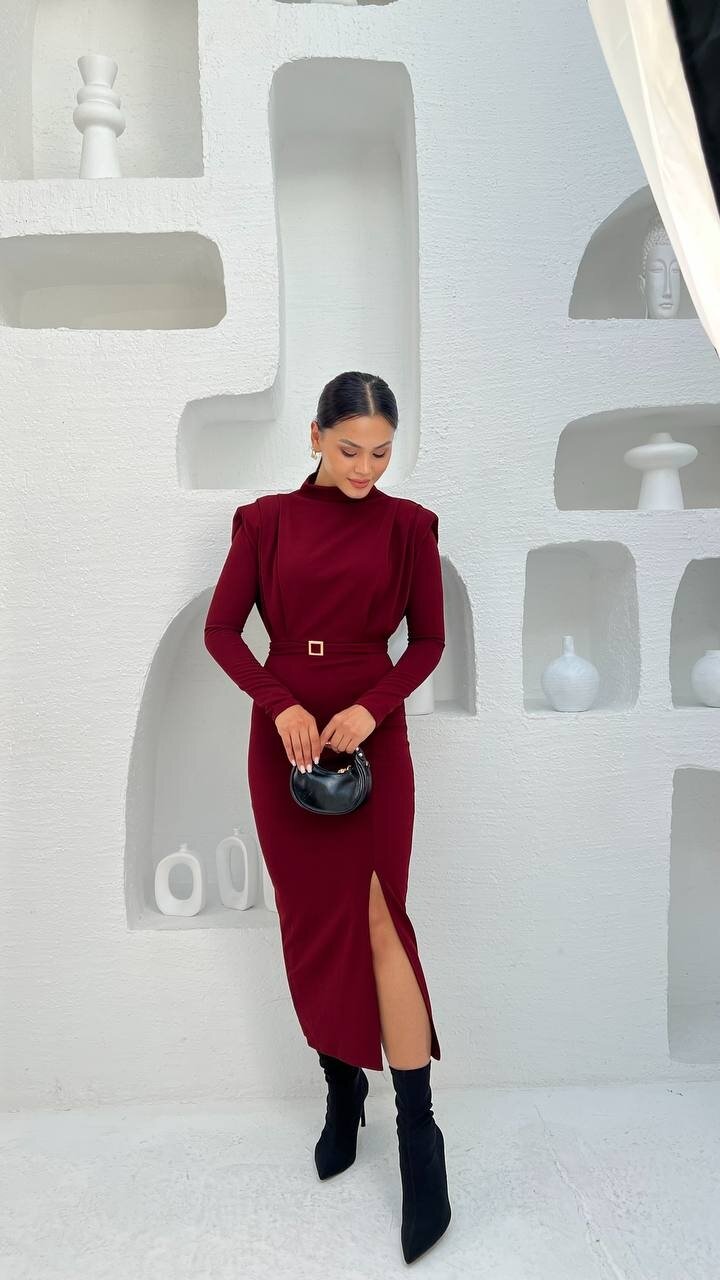 3587- BORDO  BALIKÇI YAKA OMUZLARI PİLELİ KENDİNDEN TOKA KEMERLİ ELBİSE