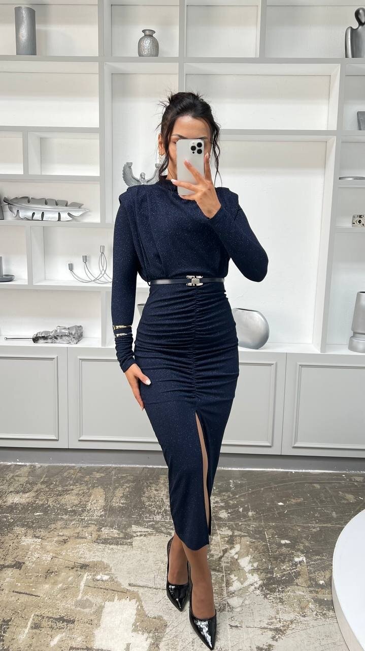 3625-LACİVERT  BALIKÇI YAKA DRAPELİ SİMLİ ELBİSE