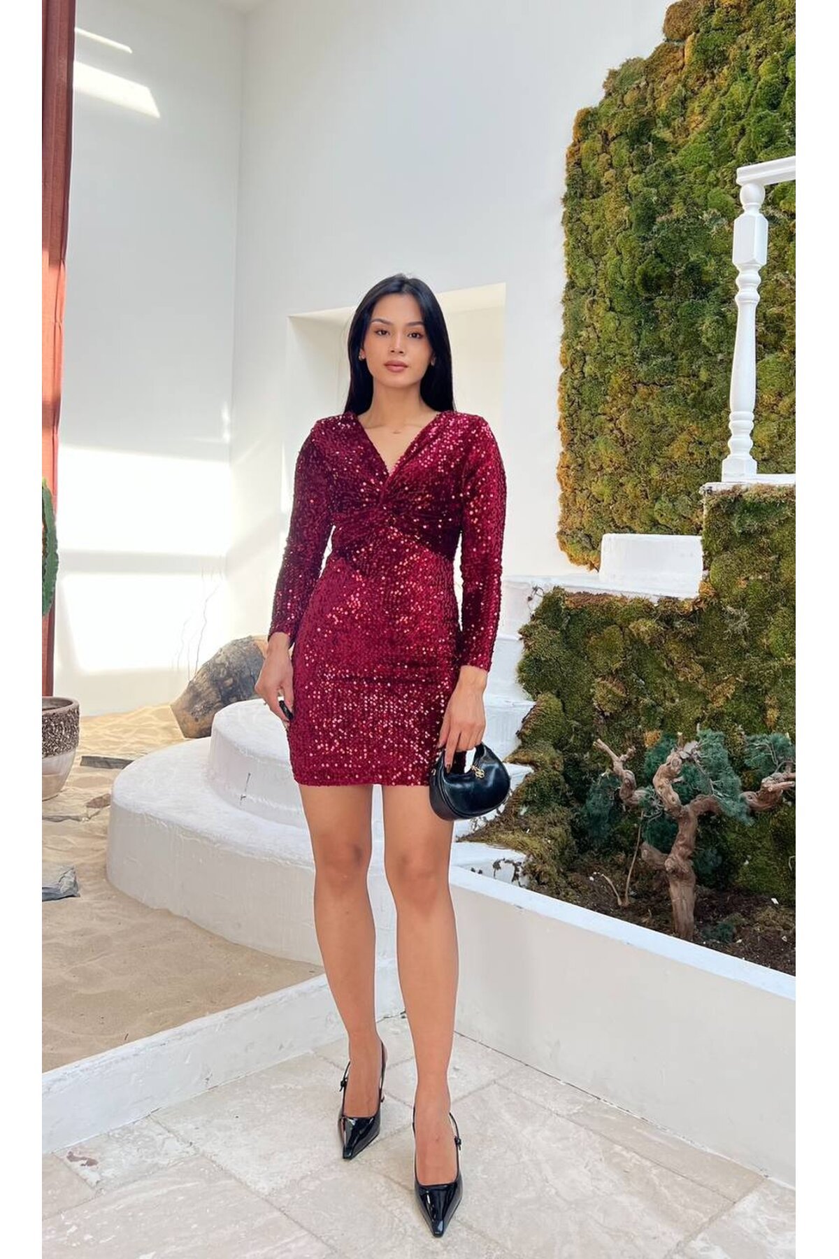 3649-BORDO ÖNÜ BÜZGÜ DETAY KISA PUL PAYET ELBİSE