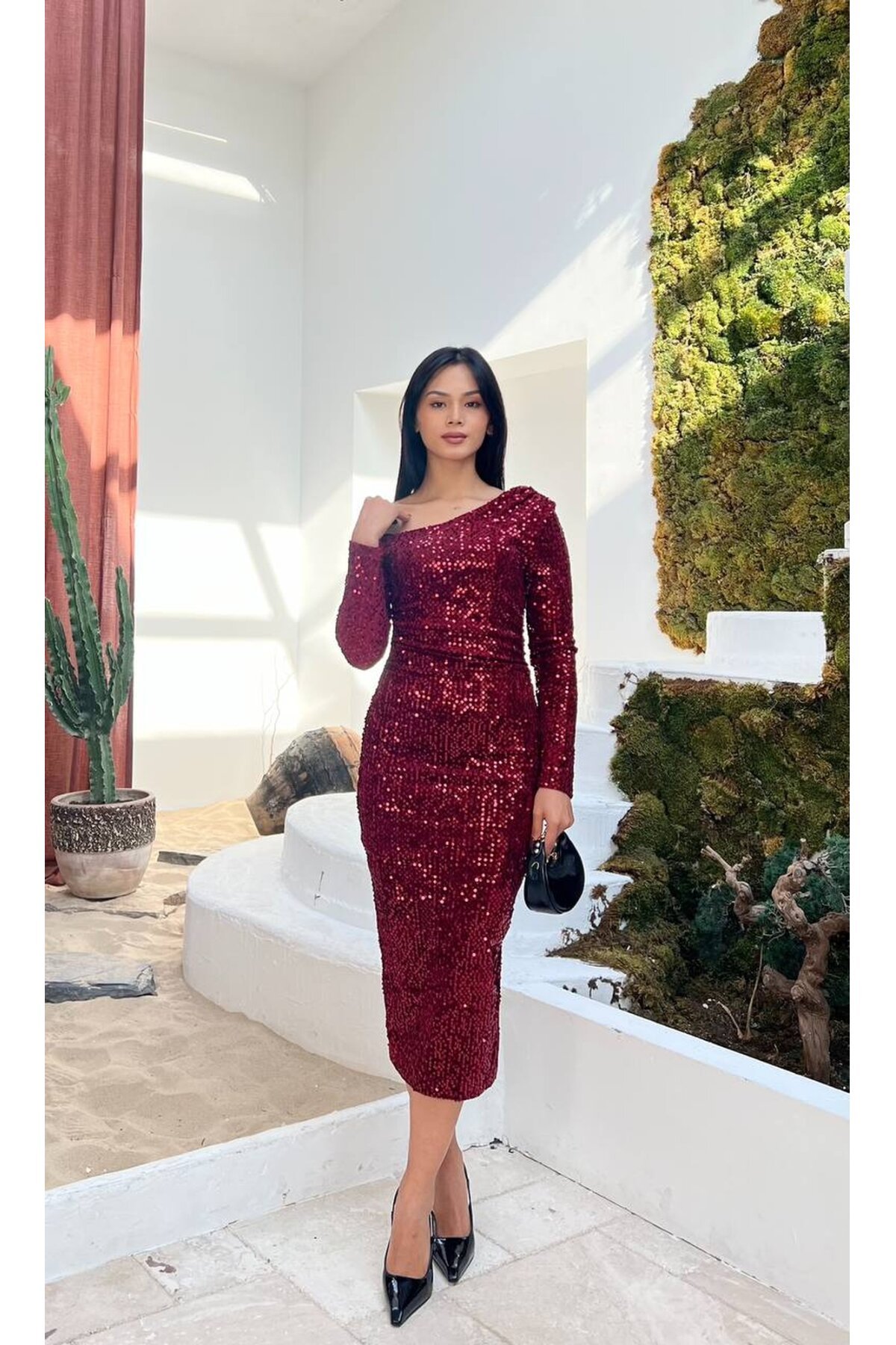 3650-BORDO TEK OMUZ MİDİ BOY PULPAYET ELBİSE