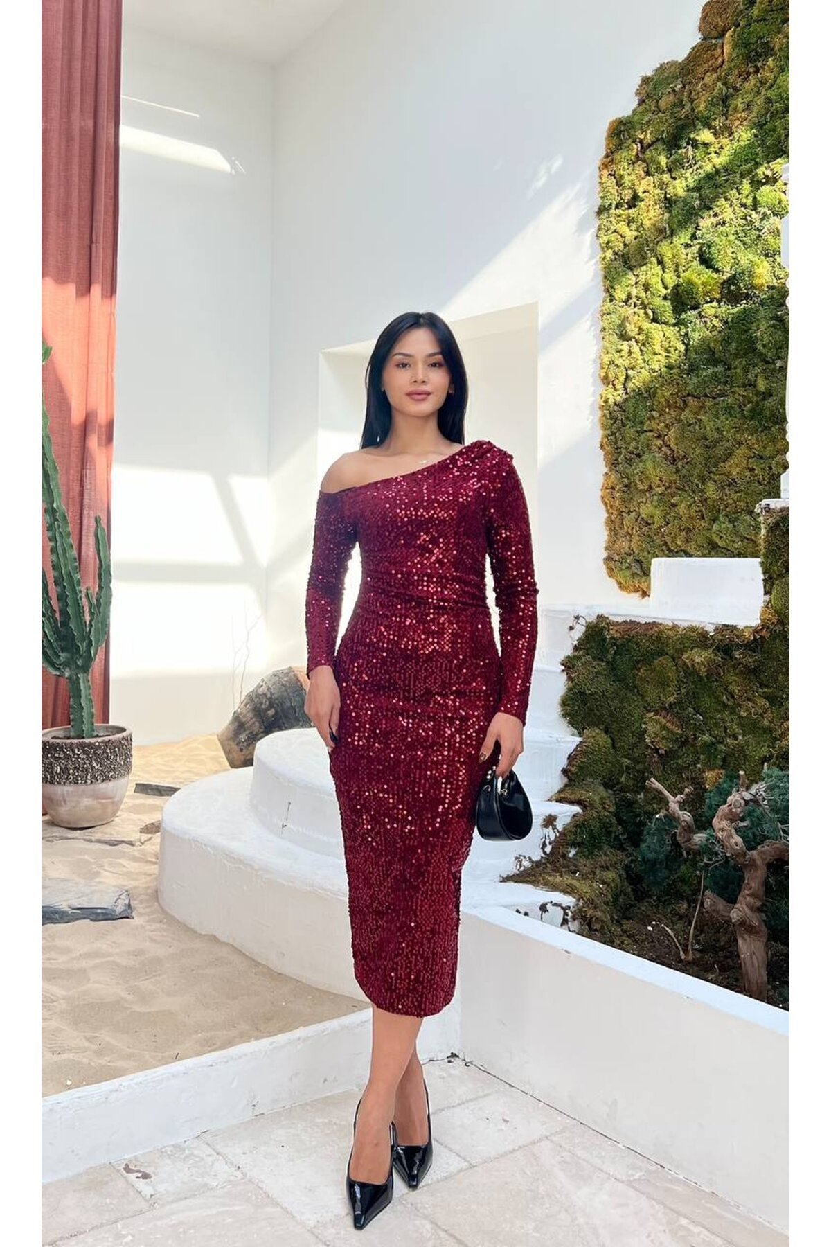 3650-BORDO TEK OMUZ MİDİ BOY PULPAYET ELBİSE