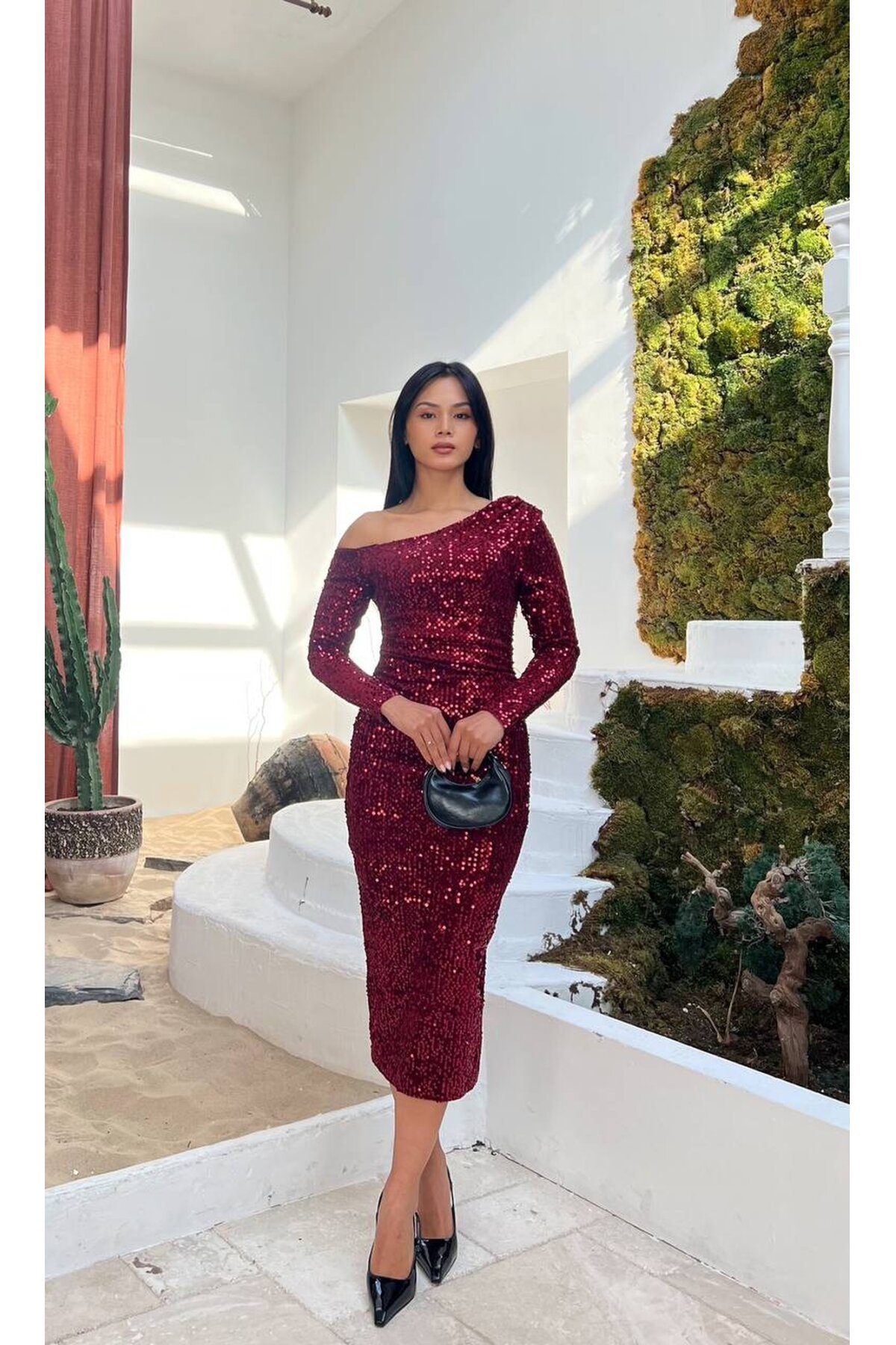 3650-BORDO TEK OMUZ MİDİ BOY PULPAYET ELBİSE