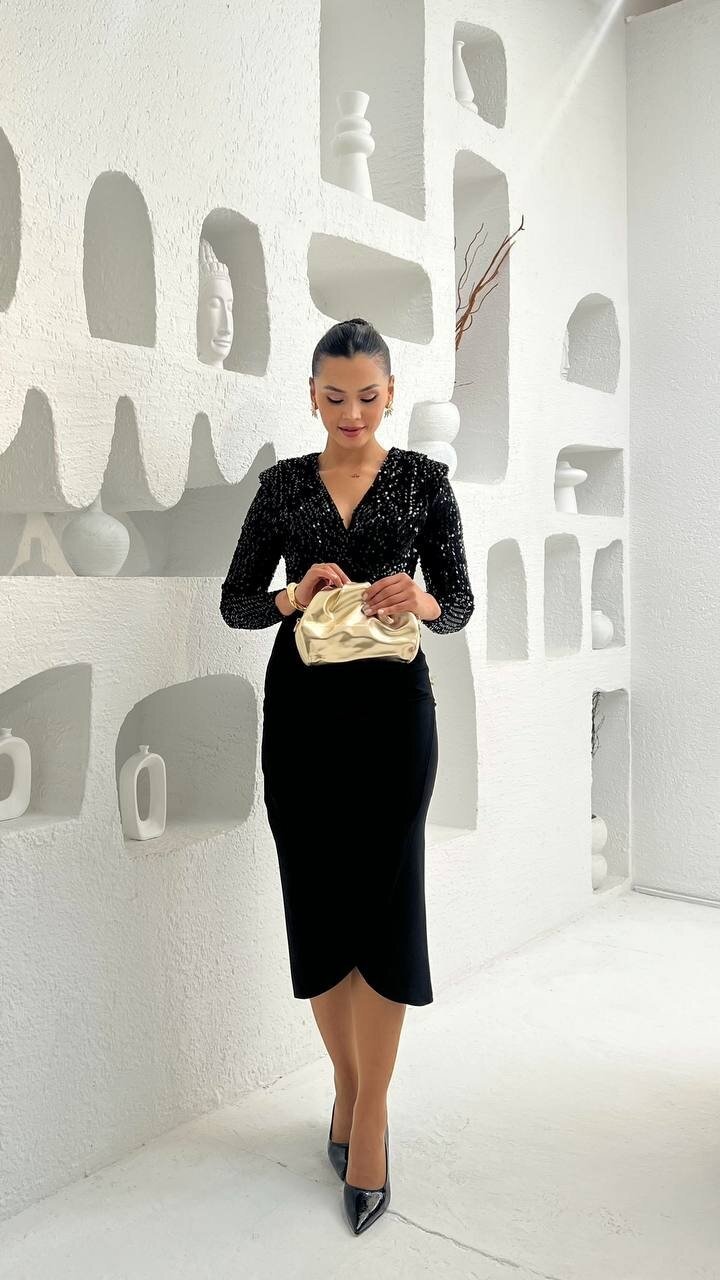 3676-SİYAH PULPAYET KRUVZE YAKA ELBİSE