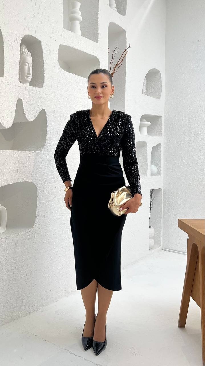 3676-SİYAH PULPAYET KRUVZE YAKA ELBİSE