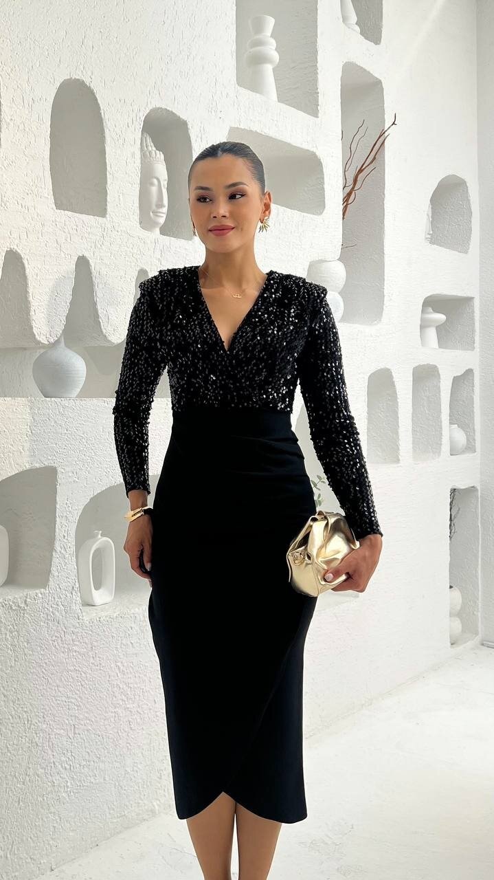 3676-SİYAH PULPAYET KRUVZE YAKA ELBİSE