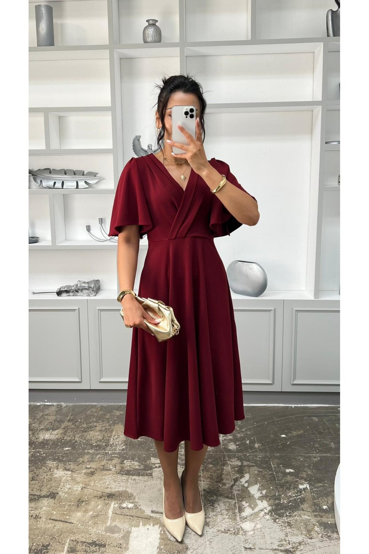 3707-BORDO KRUVAZE YAKA KİLOŞ ELBİSE