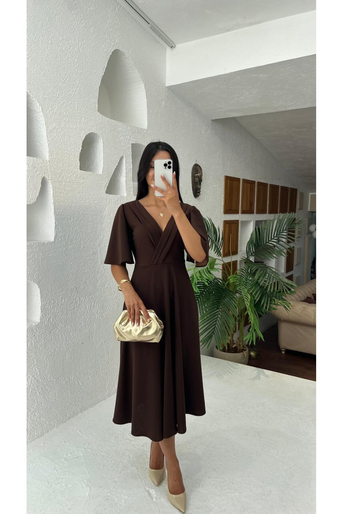 3707-KAHVERENGİ KRUVAZE YAKA KİLOŞ ELBİSE