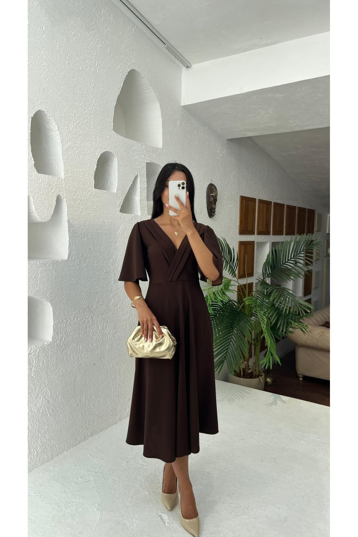 3707-KAHVERENGİ KRUVAZE YAKA KİLOŞ ELBİSE