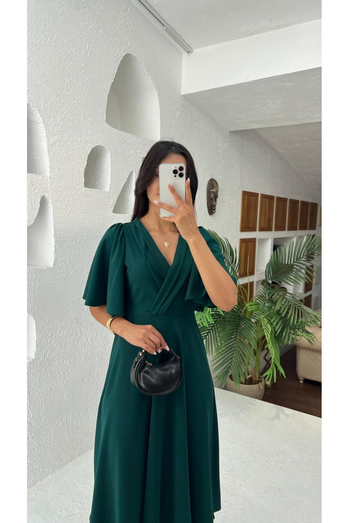 3707-ZÜMRÜT KRUVAZE YAKA KİLOŞ ELBİSE