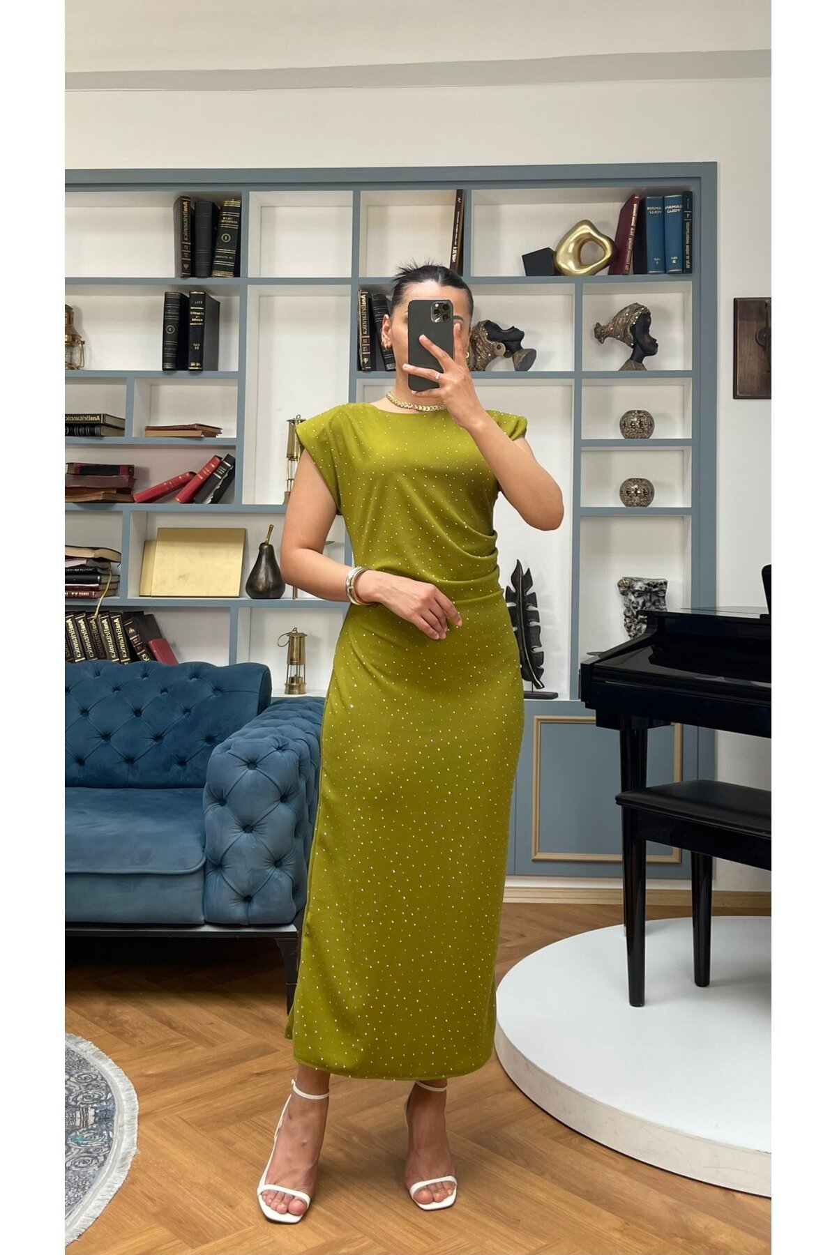 3708-OLİV TAŞLI DRAPELİ ELBİSE