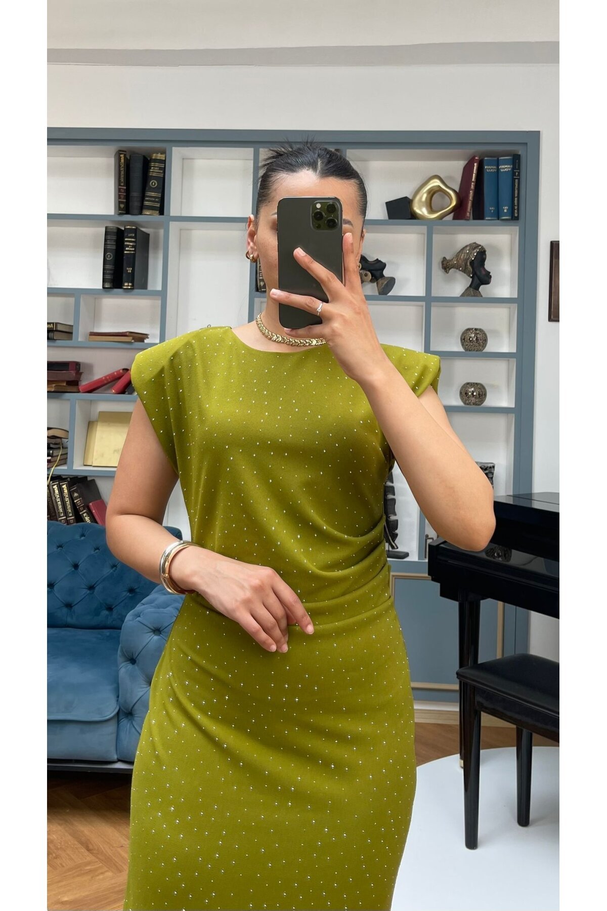 3708-OLİV TAŞLI DRAPELİ ELBİSE