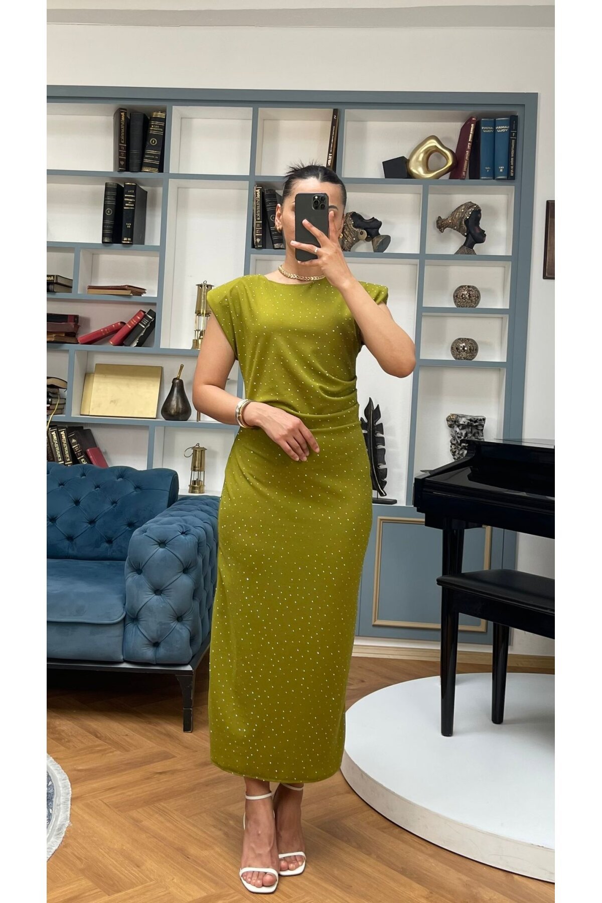 3708-OLİV TAŞLI DRAPELİ ELBİSE