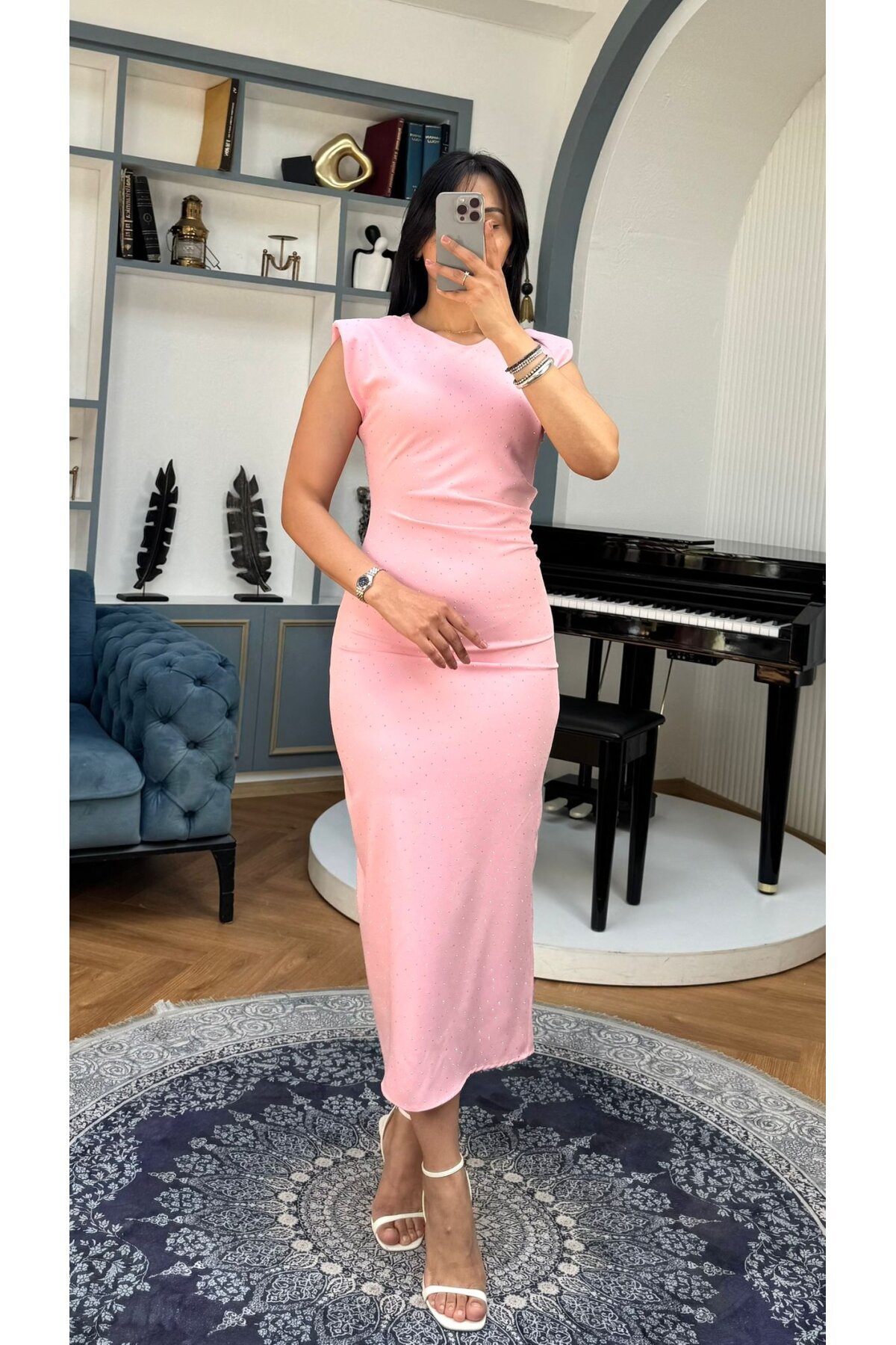 3708-PEMBE TAŞLI DRAPELİ ELBİSE