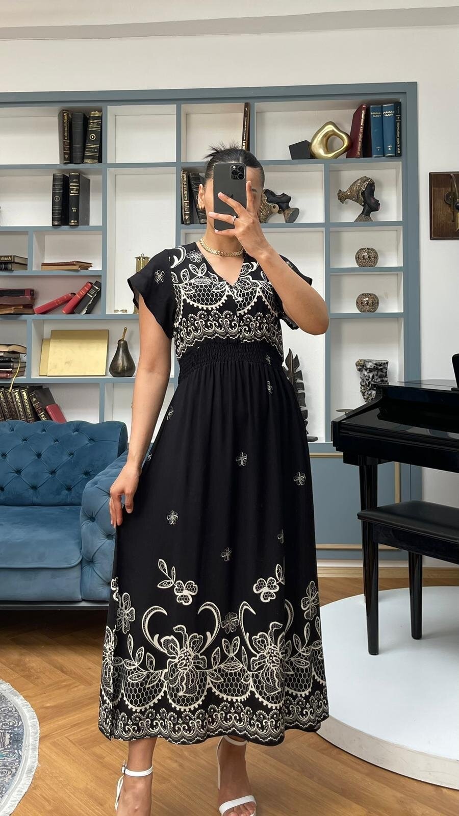 3728-SİYAH ALTI SULU GİPELİ ELBİSE