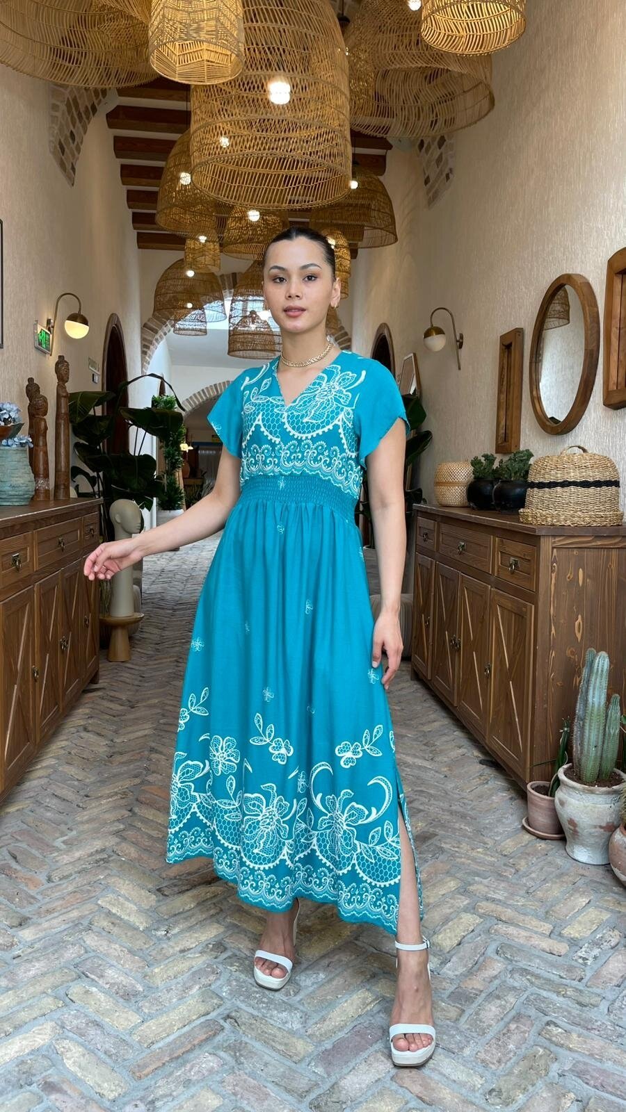 3728 YEŞİL ALTI SULU GİPELİ ELBİSE