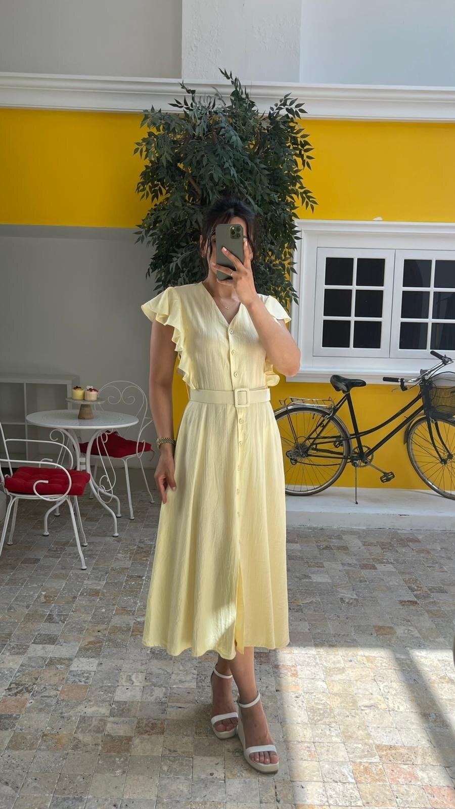 3739-SARI FIRFIRLI KEMERLİ ELBİSE