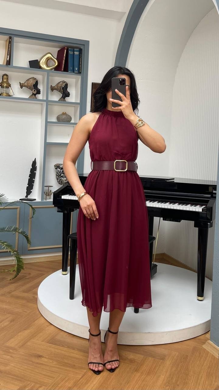 3734-BORDO SIFIR KOL KEMERLİ ELBİSE