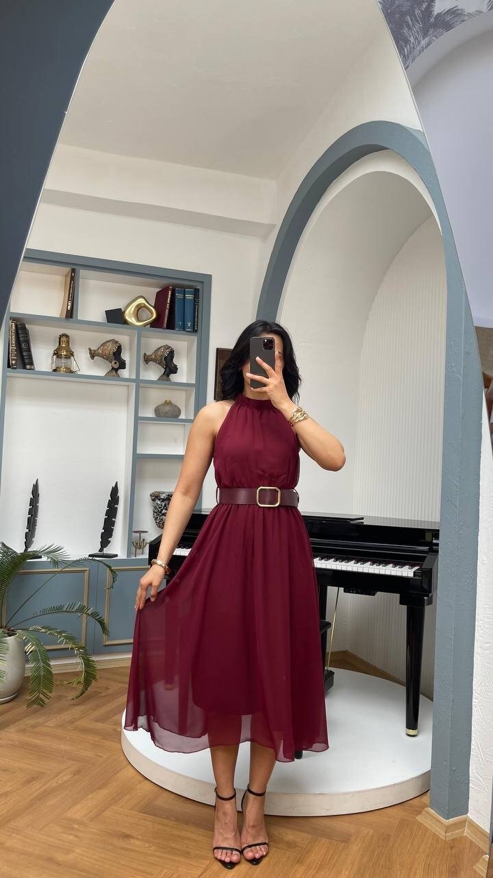 3734-BORDO SIFIR KOL KEMERLİ ELBİSE