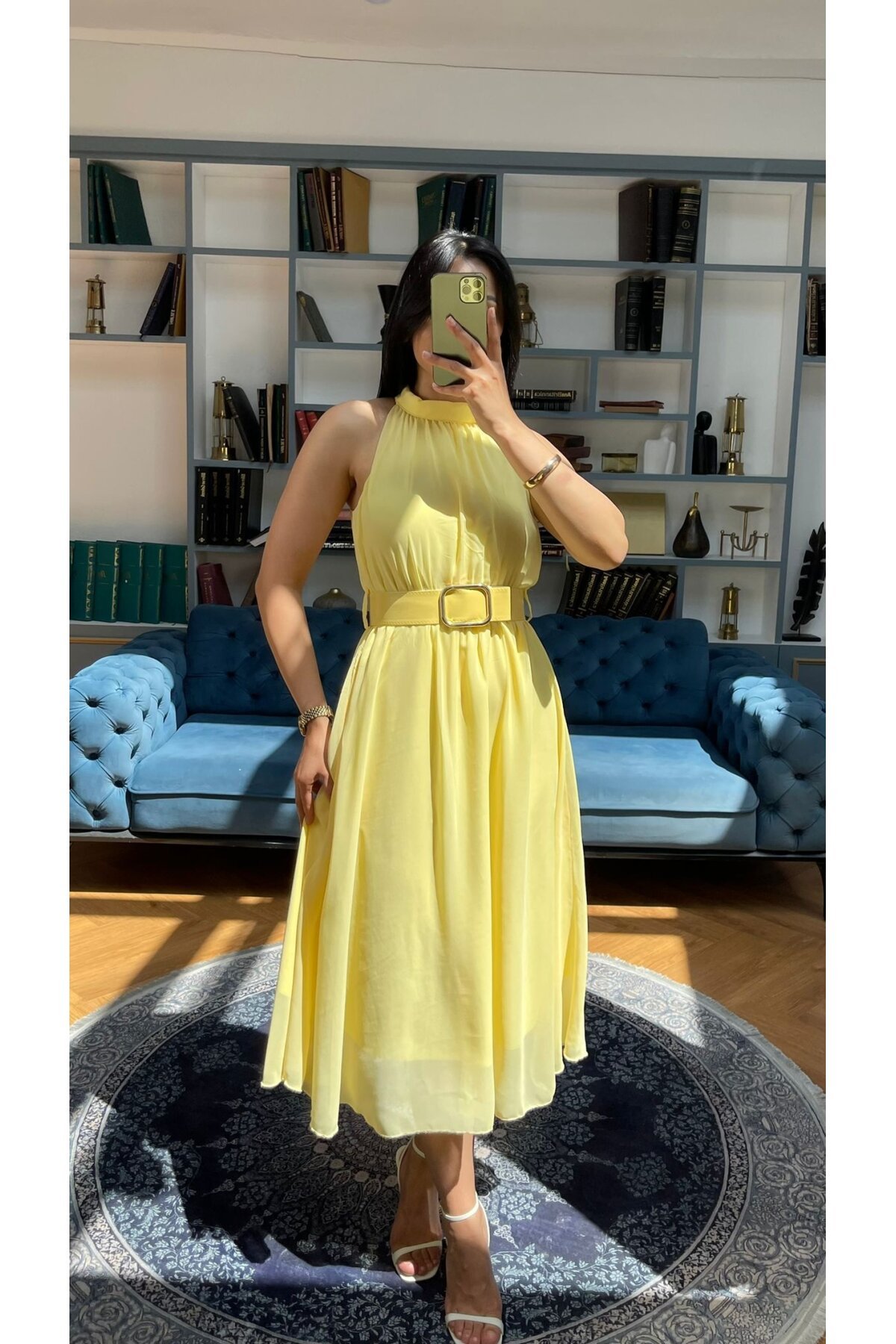 3734-SARI SIFIR KOL KEMERLİ ELBİSE