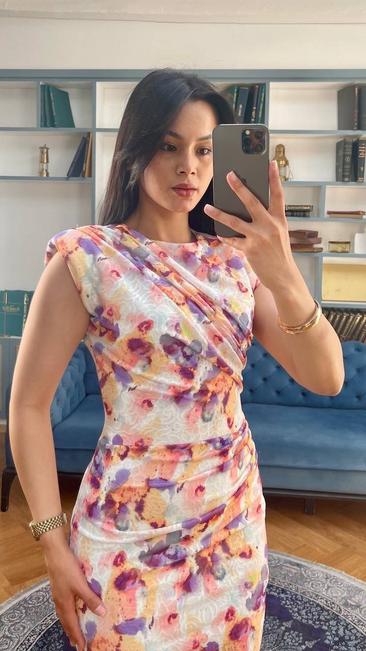 3738-ÇİÇEK DESEN DRAPELİ ELBİSE