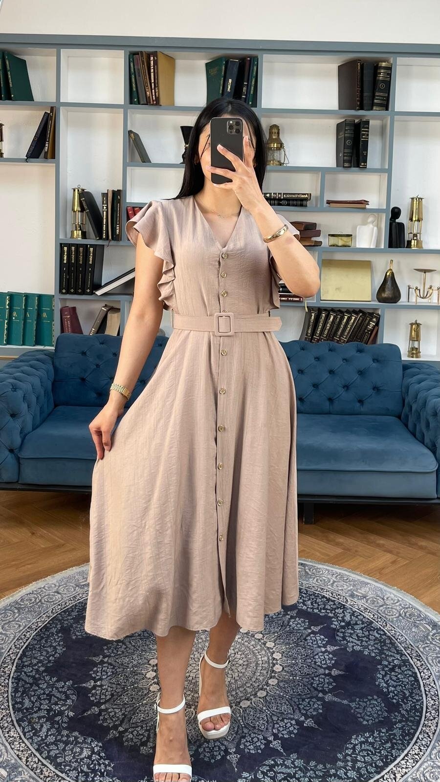 3739-BEJ FIRFIRLI KEMERLİ ELBİSE