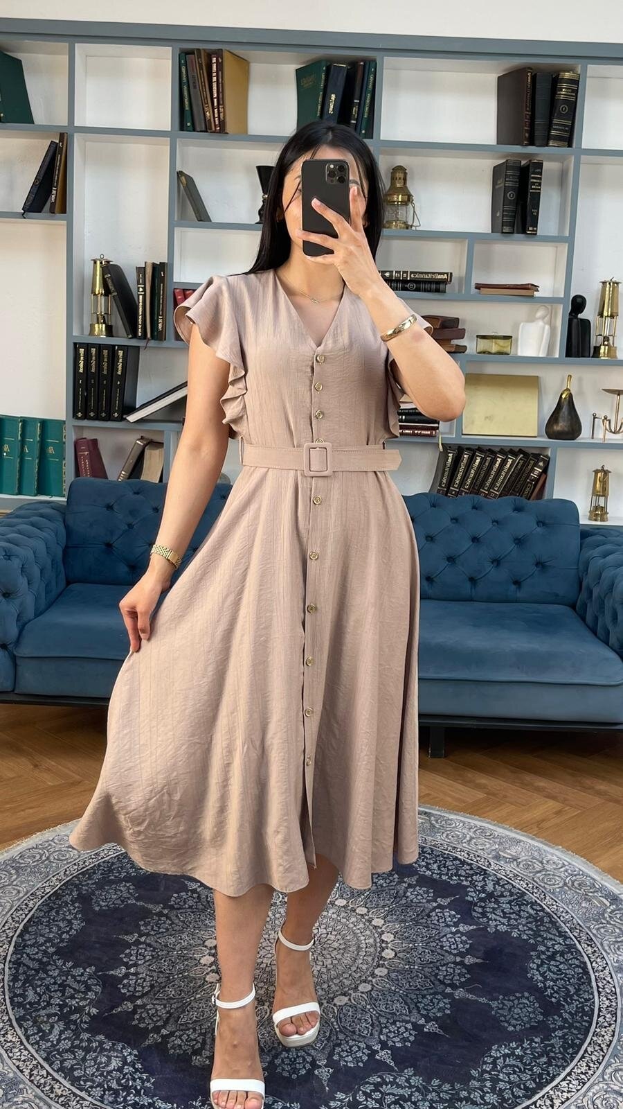 3739-BEJ FIRFIRLI KEMERLİ ELBİSE