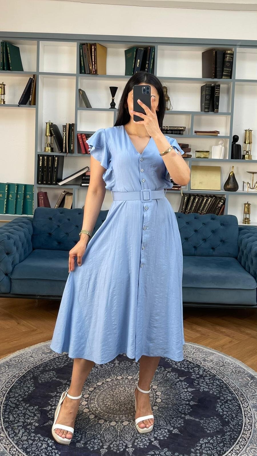 3739-MAVİ FIRFIRLI KEMERLİ ELBİSE