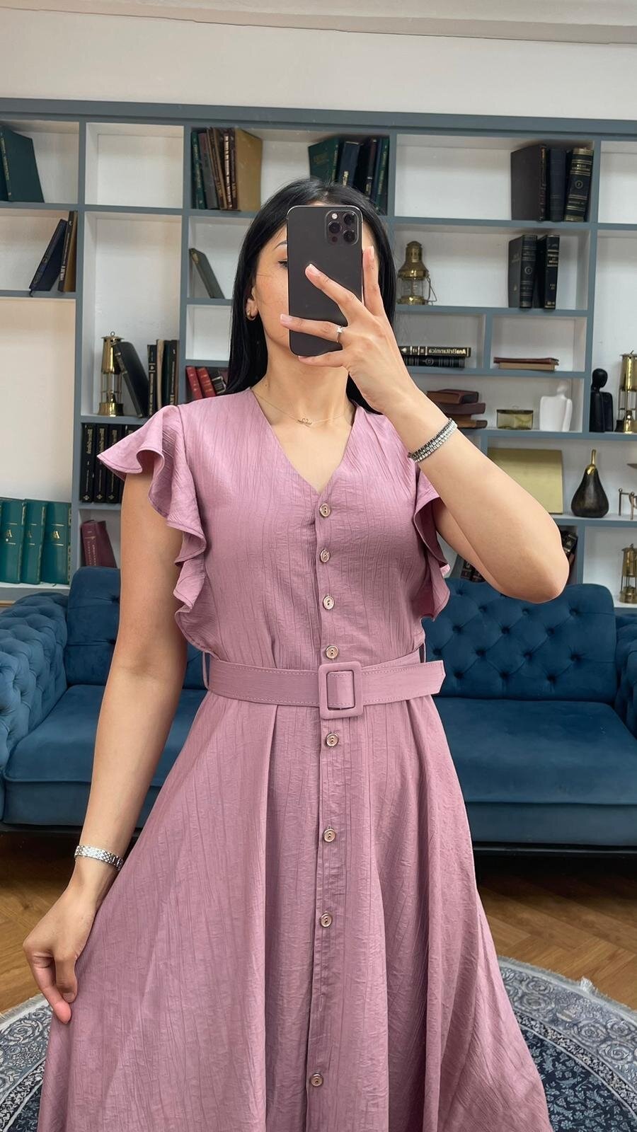 3739-PUDRA FIRFIRLI KEMERLİ ELBİSE