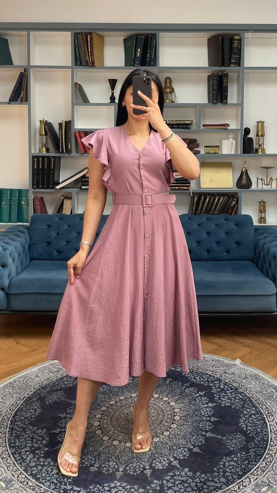 3739-PUDRA FIRFIRLI KEMERLİ ELBİSE