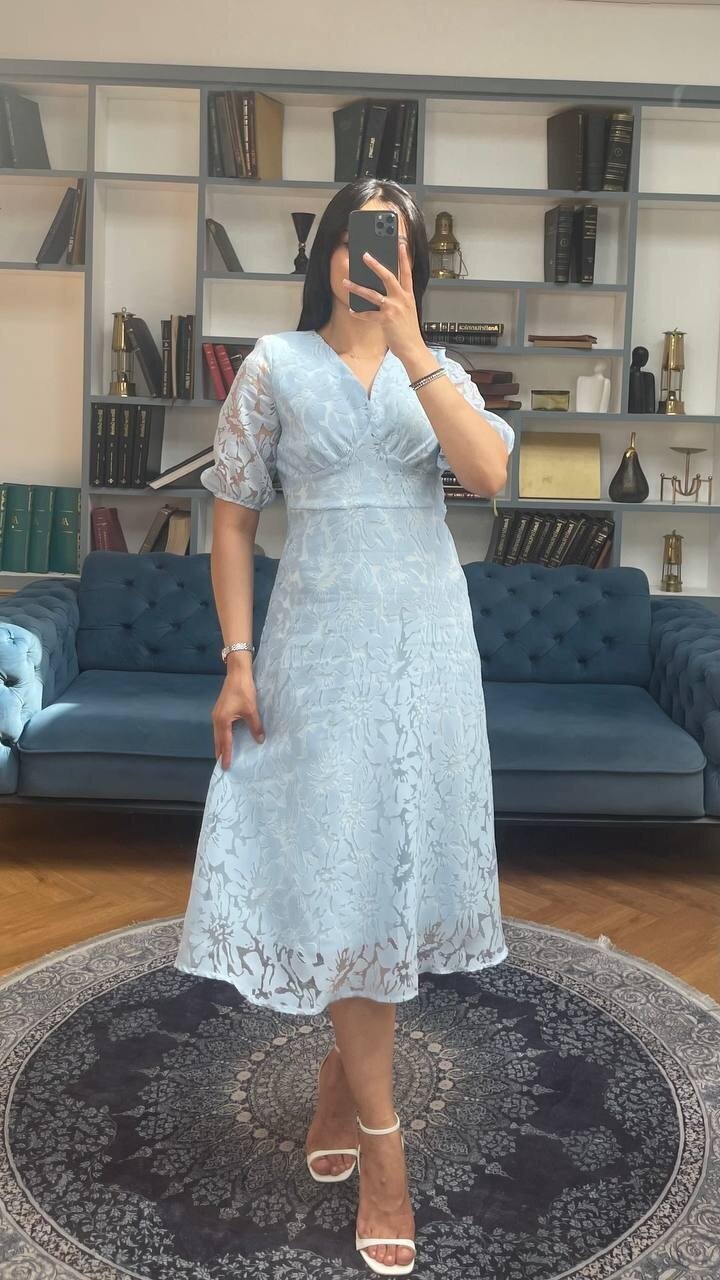 3740-MAVİ FİSTO ÇİÇEK DESEN ELBİSE