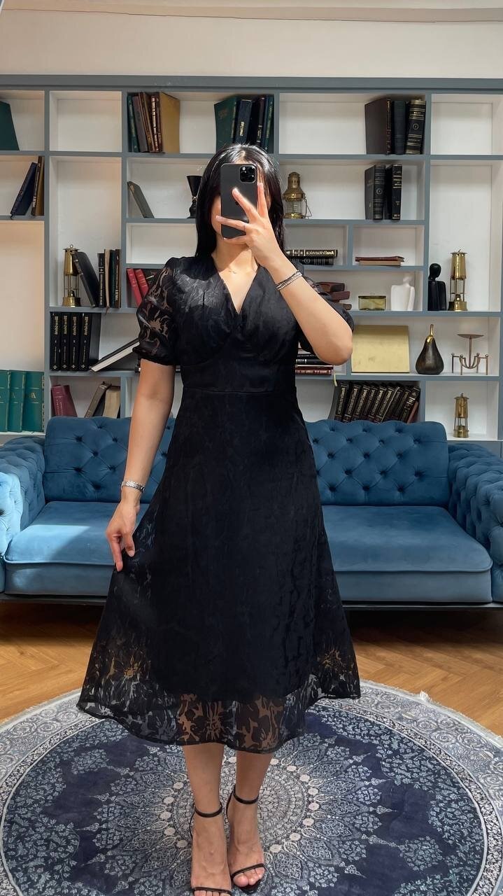 3740-SİYAH FİSTO ÇİÇEK DESEN ELBİSE