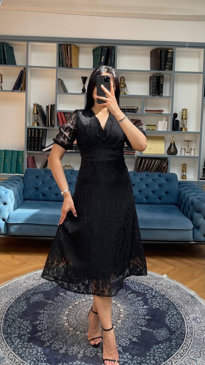 3740-SİYAH FİSTO ÇİÇEK DESEN ELBİSE