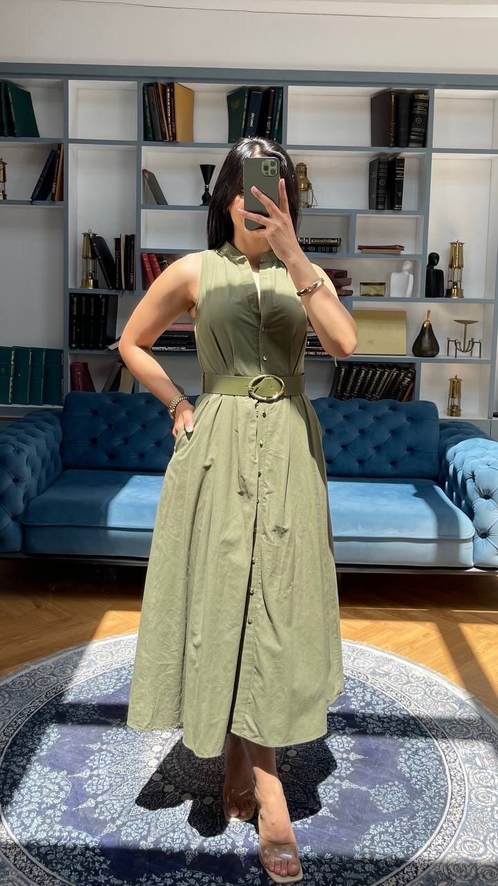 3747-HAKİ KEMERLİ SIFIR KOL ELBİSE