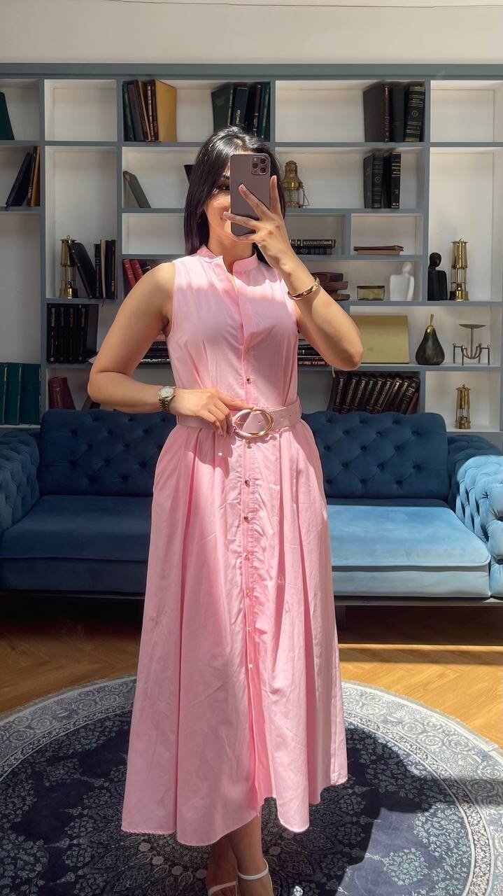 3747-PEMBE KEMERLİ SIFIR KOL ELBİSE