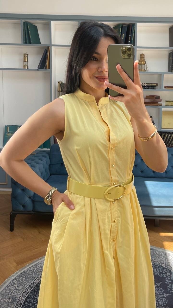 3747-SARI KEMERLİ SIFIR KOL ELBİSE