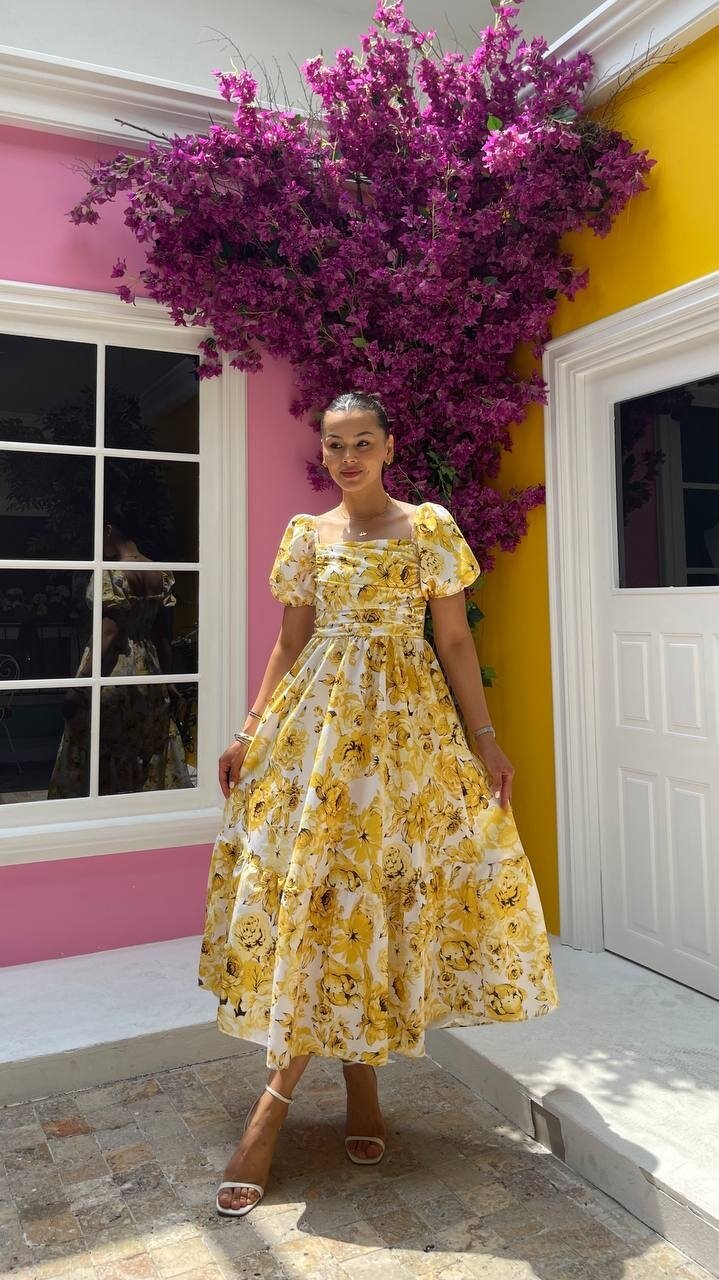 3749-SARI  BÜYÜK GÜL DESEN GİPELİ ELBİSE