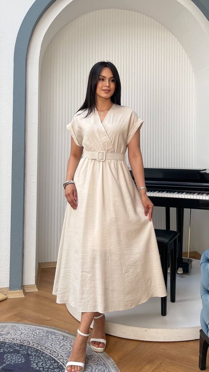 3751-BEJ KETEN ANVELOK KEMERLİ ELBİSE