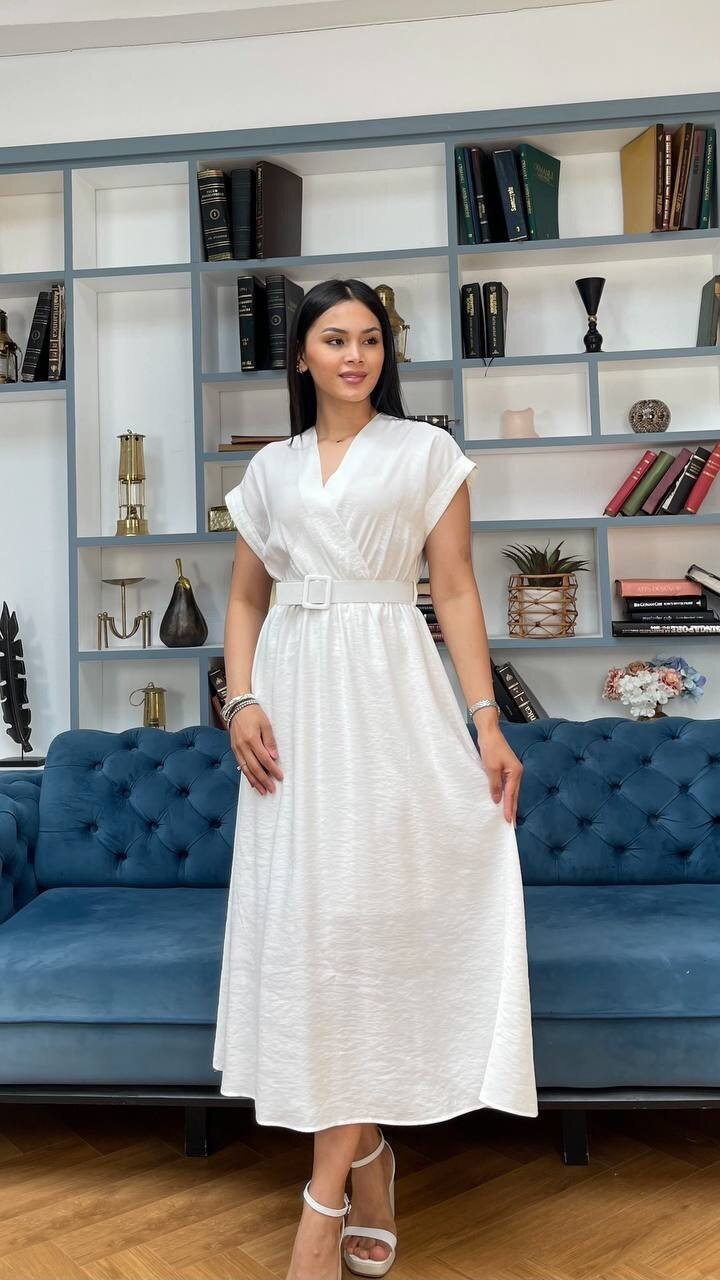 3751-BEYAZ KETEN ANVELOK KEMERLİ ELBİSE