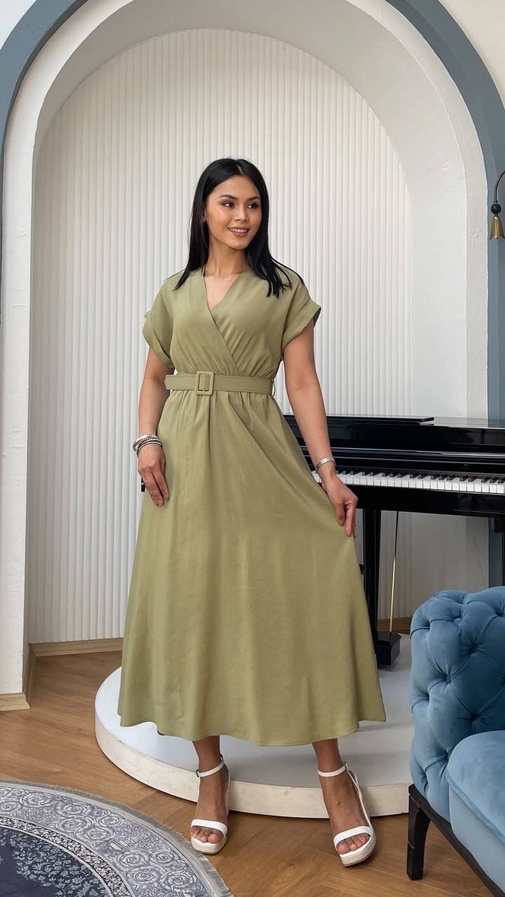 3751-HAKİ KETEN ANVELOK KEMERLİ ELBİSE