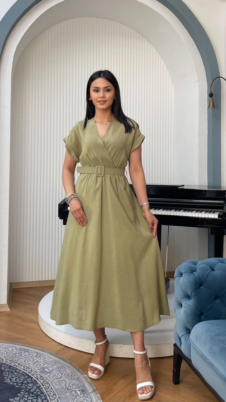 3751-HAKİ KETEN ANVELOK KEMERLİ ELBİSE