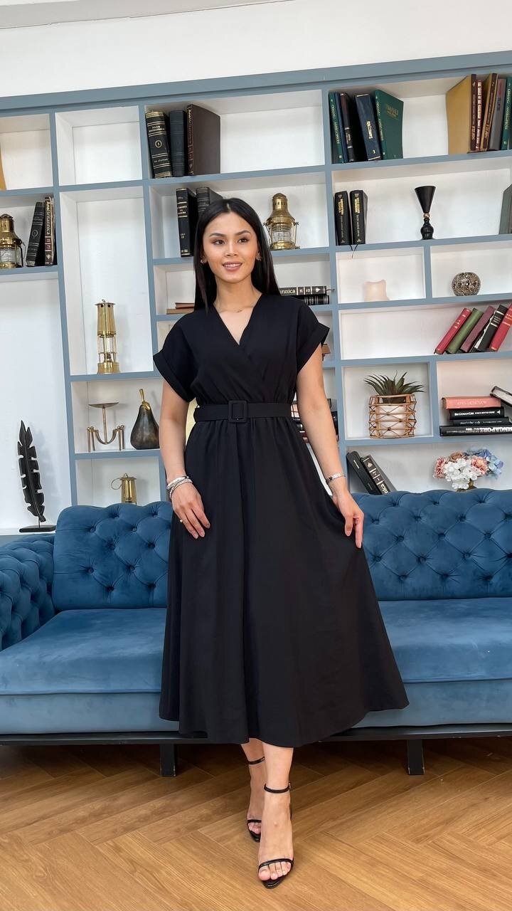 3751-SİYAH KETEN ANVELOK KEMERLİ ELBİSE