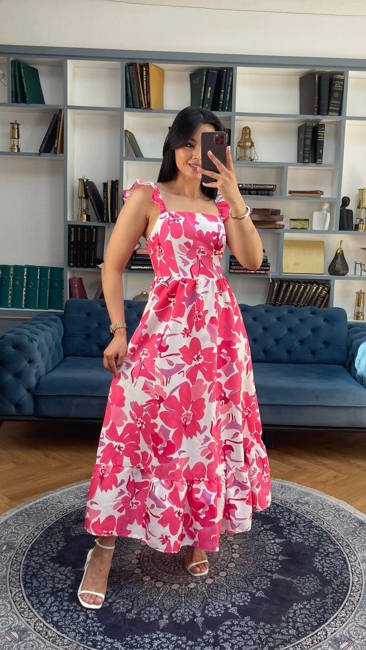 3752-PEMBE ÇİÇEK DESEN KOLLARI FIRFIRLI ELBİSE