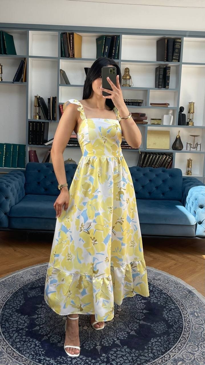 3752-SARI ÇİÇEK DESEN KOLLARI FIRFIRLI ELBİSE