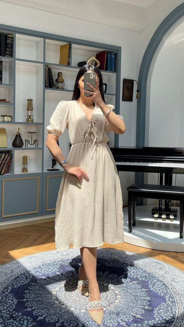 3753-BEJ GÖĞÜS KISMI BAĞLAMA DETAY ELBİSE